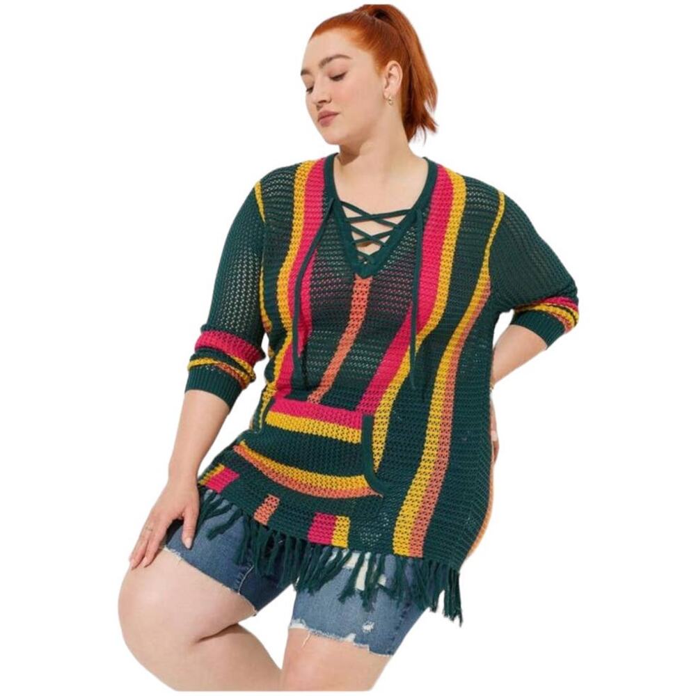 Torrid NWT Open Stitch Pullover Fringe Hem Sweater Size 1X Kangaroo Pocket Boho